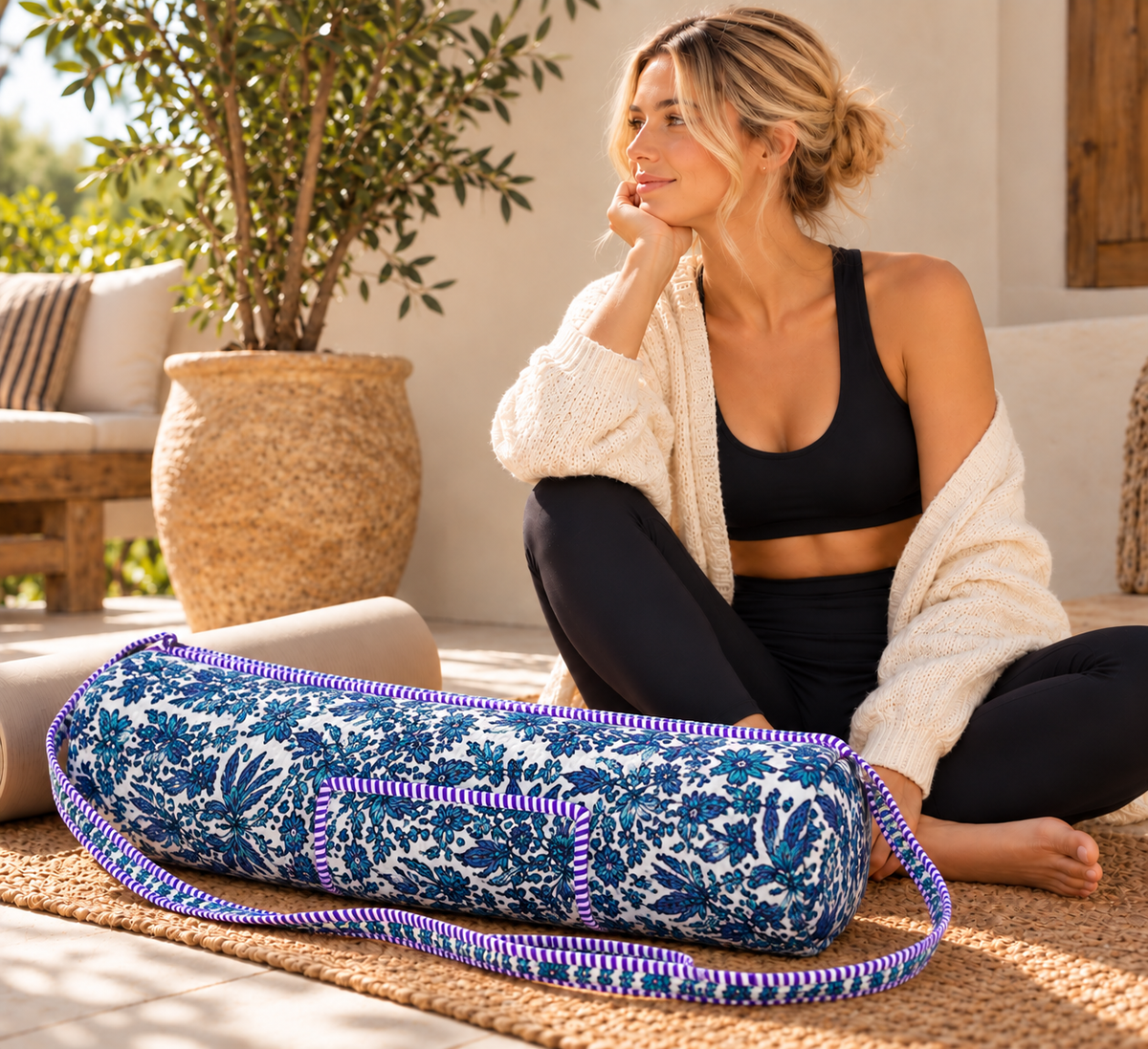 Blue Botanical Yoga Mat Bag