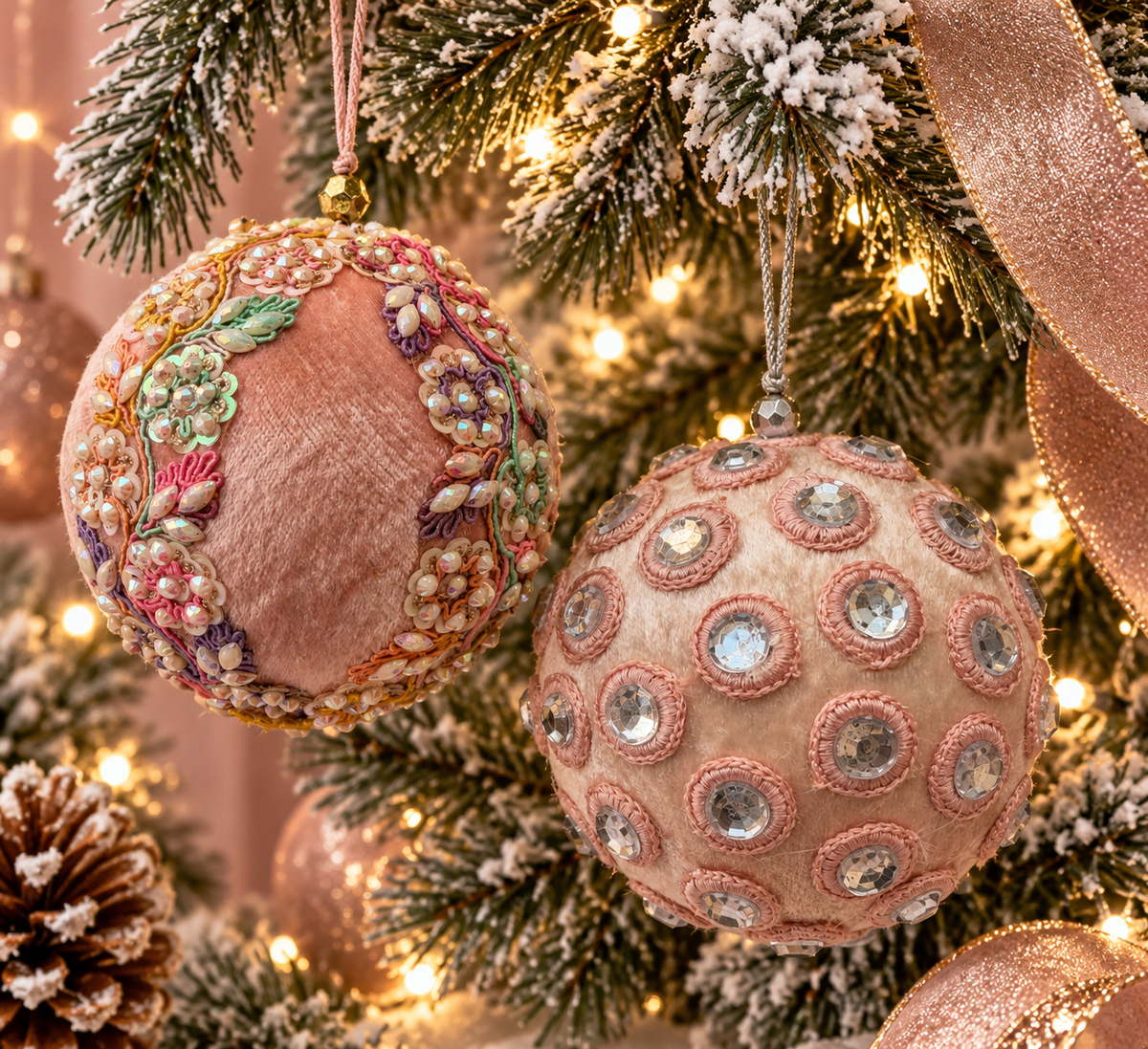 Crystal Pink Velvet 2 set of luxurious Baubles