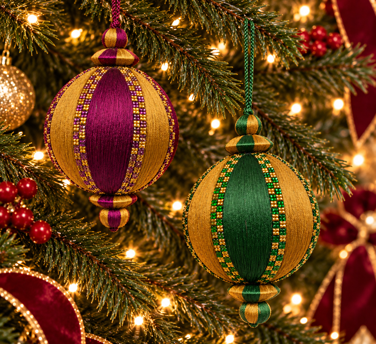Rich Purple & Emerald Green Handmade Crystal & Thread Set of 2 Baubles