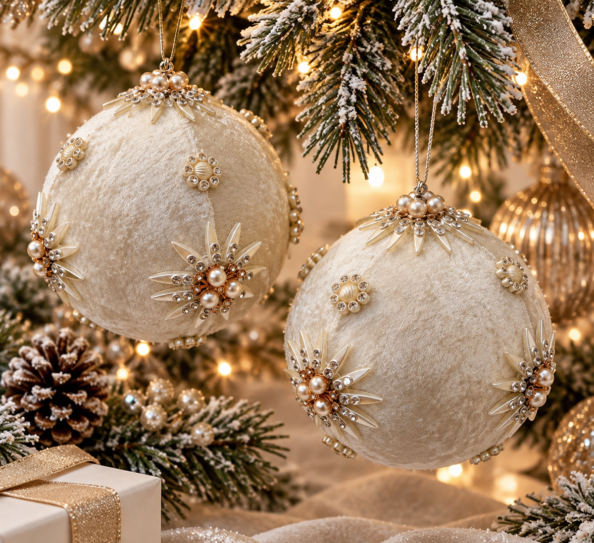Ivory Velvet Pearl set of 2 Large Baubles