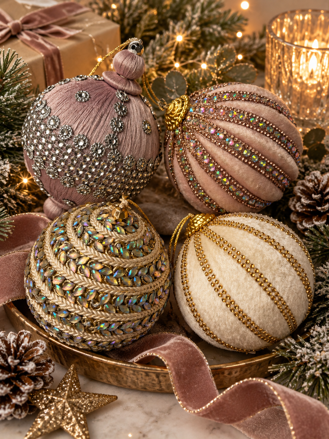Pastel Jewelled Set of 4 Luxurious Baubles