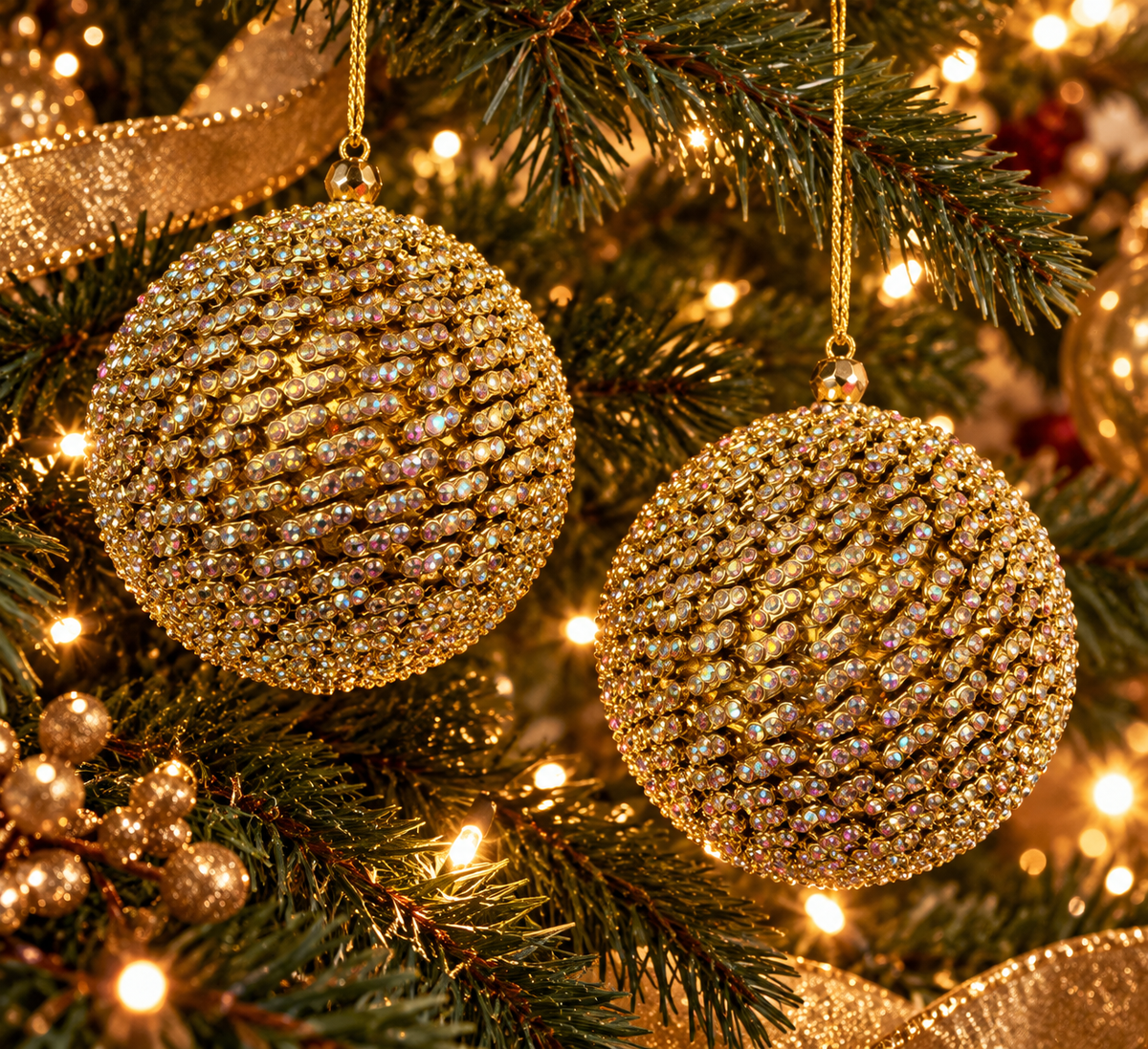 Luxurious Golden Crystal Set of 2 Baubles