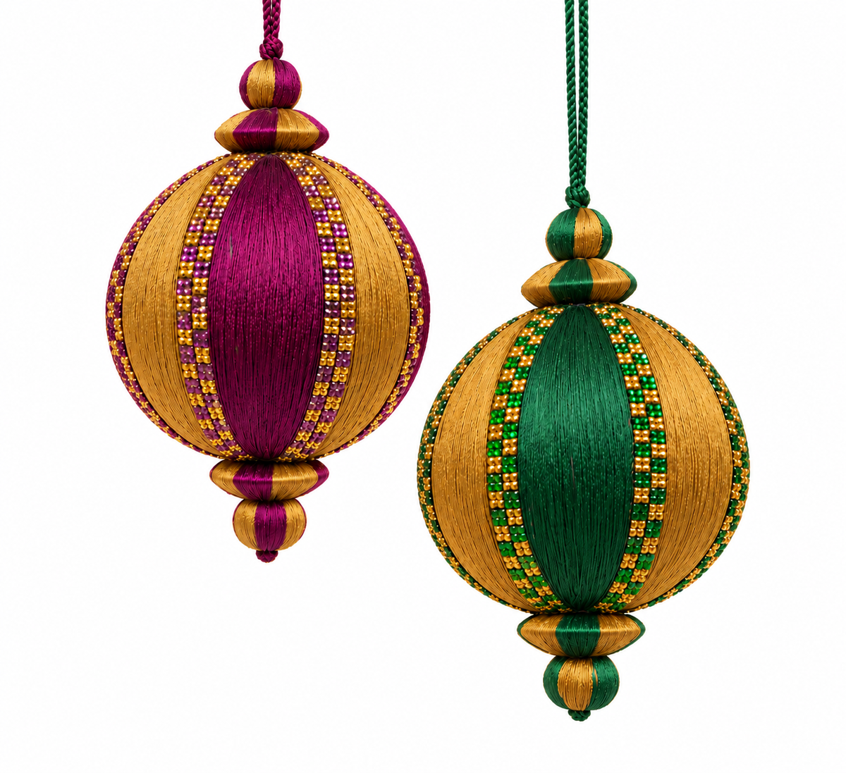 Rich Purple & Emerald Green Handmade Crystal & Thread Set of 2 Baubles