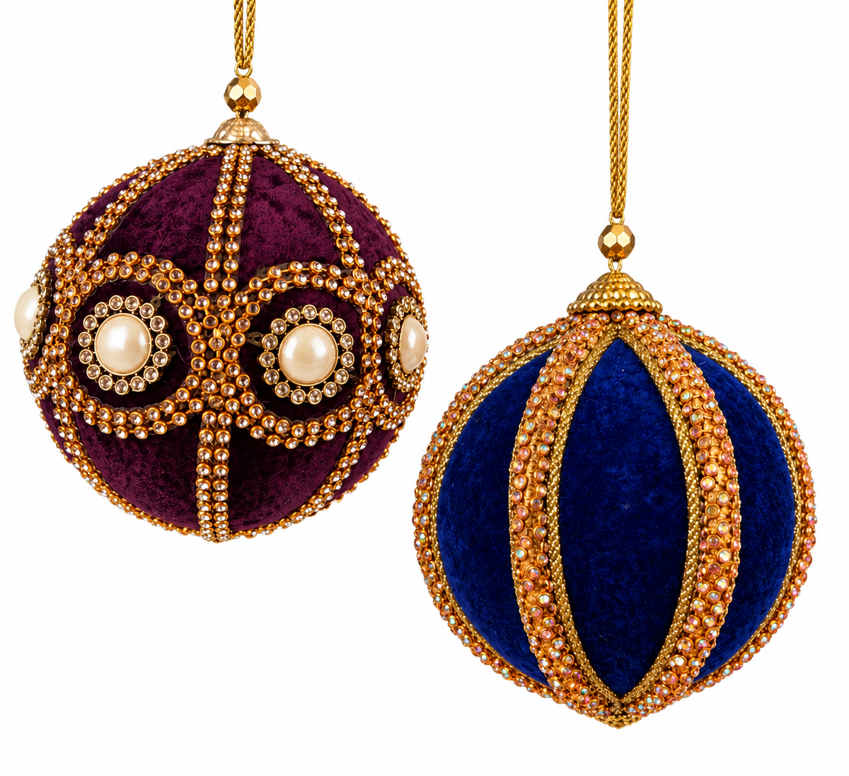 Ornate Rich Plum & Blue Velvet Crystal & Pearl Set of 2 Baubles