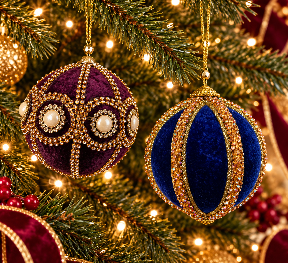 Ornate Rich Plum & Blue Velvet Crystal & Pearl Set of 2 Baubles