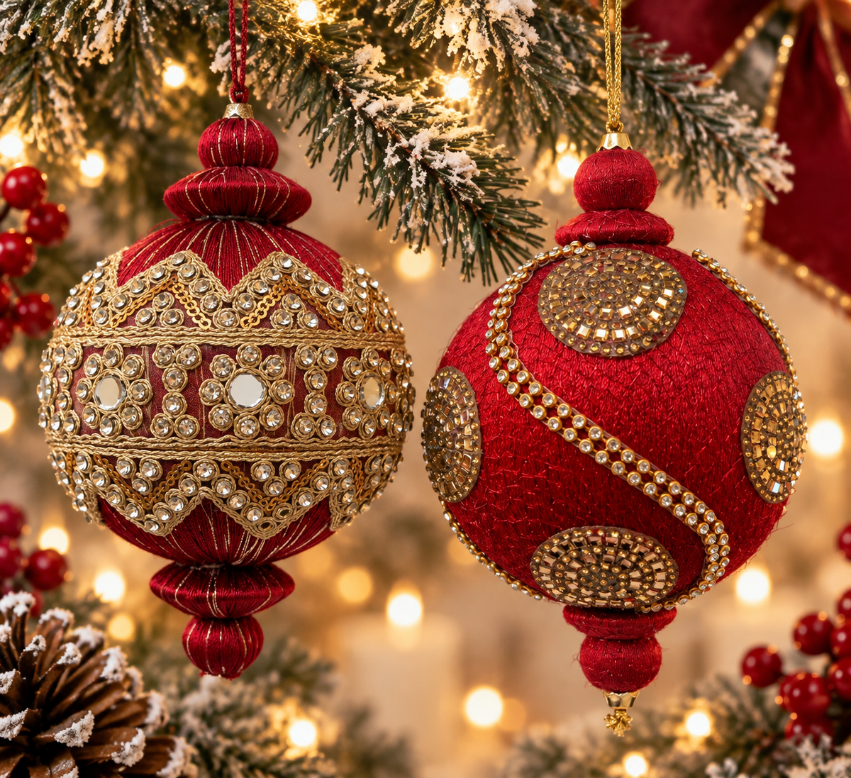 Ruby Red Sparkle set of 2 Luxurious Baubles