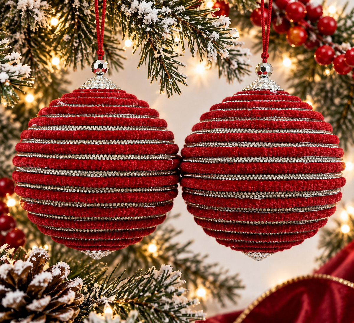 Velvet & Crystal Stripe set of 2 Luxurious Baubles