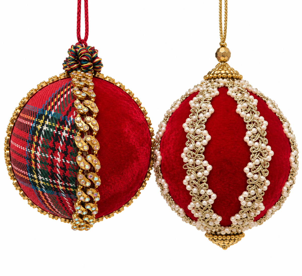 Red Velvet meets Tartan set of 2 Luxurious Baubles