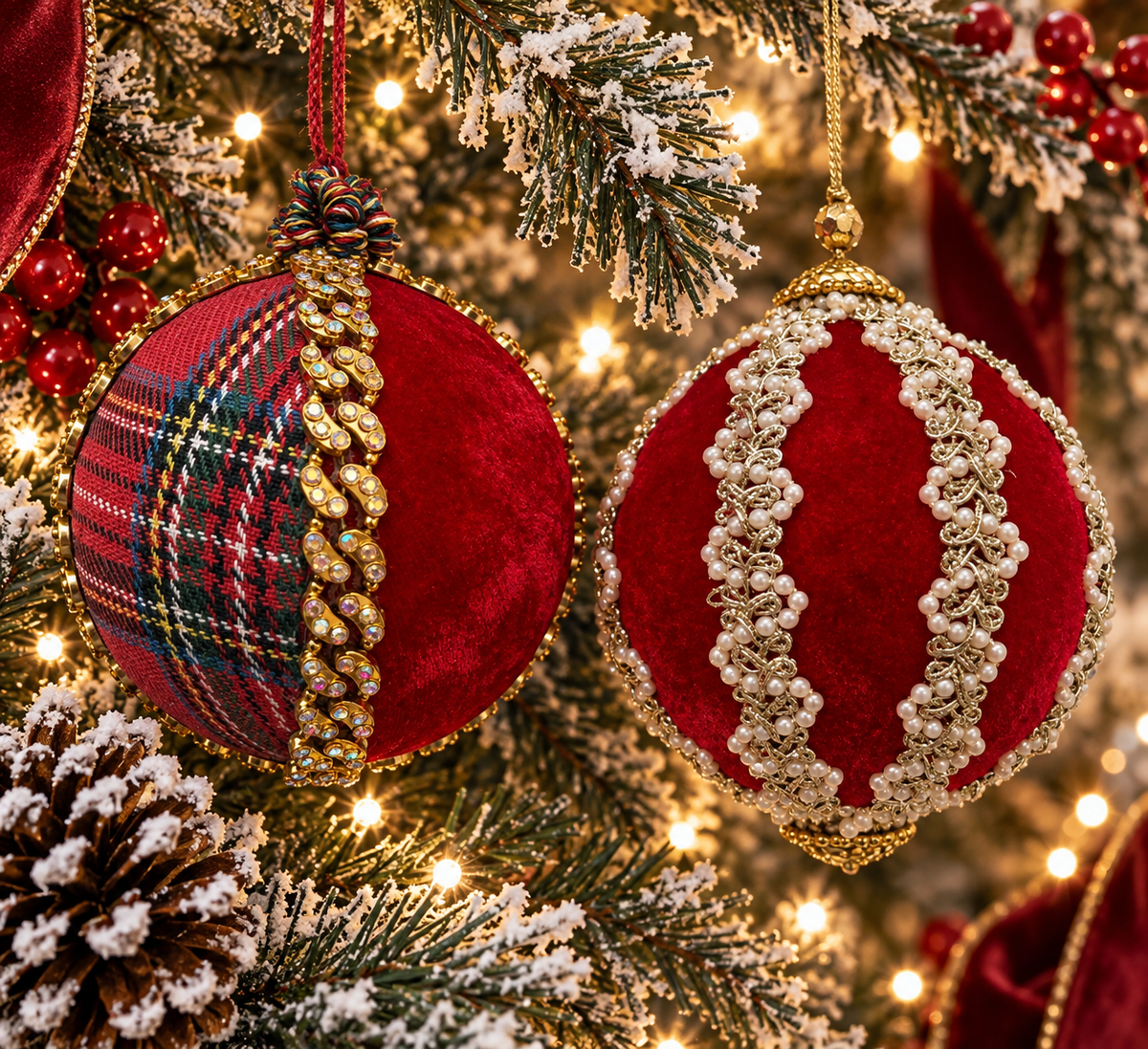 Red Velvet meets Tartan set of 2 Luxurious Baubles